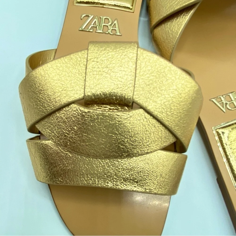 Zara Metallic Gold Cross Strap Women's Sandals Size EU 39 US8 - Picture 5 of 13